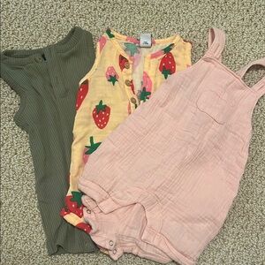 Set of Three Baby Rompers - Green, Yellow, Pink
